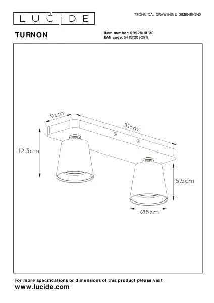 Lucide TURNON - Plafondspot - LED Dim to warm - GU10 - 2x5W 2200K/3000K - Zwart - technisch